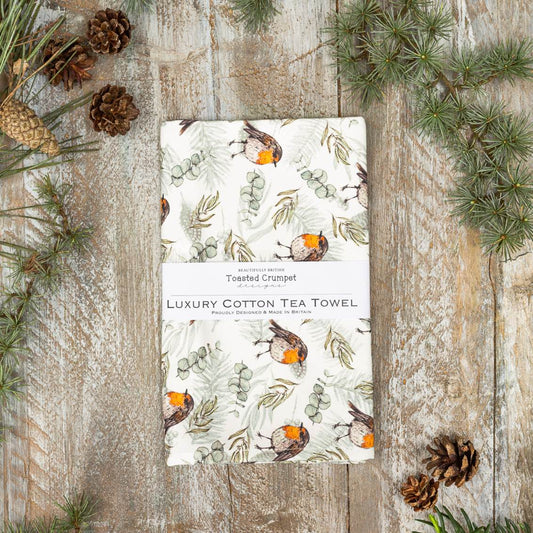Robin & eucalyptus luxury cotton tea towel