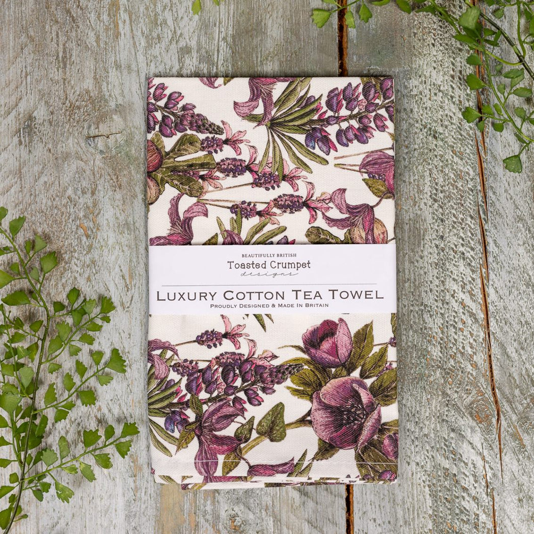 Purple blooms luxury cotton tea towel