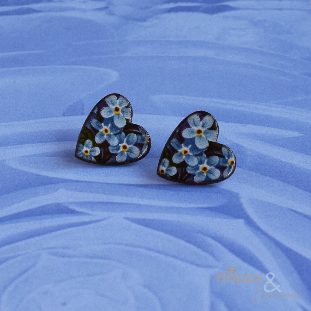 Blue forget-me-not ceramic heart stud earrings by Stockwell Ceramics