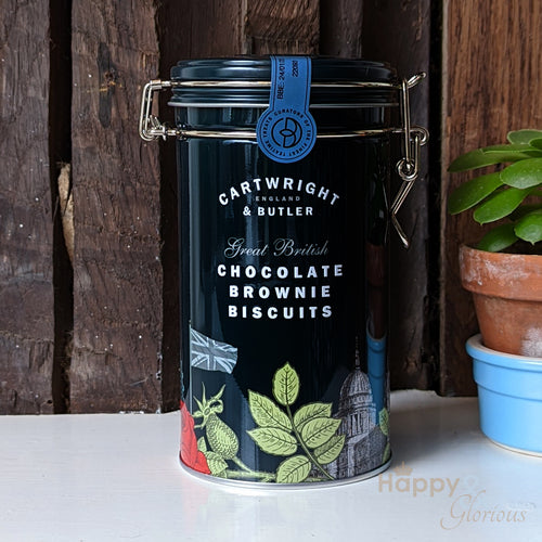 Chocolate brownie biscuits in vintage style tin