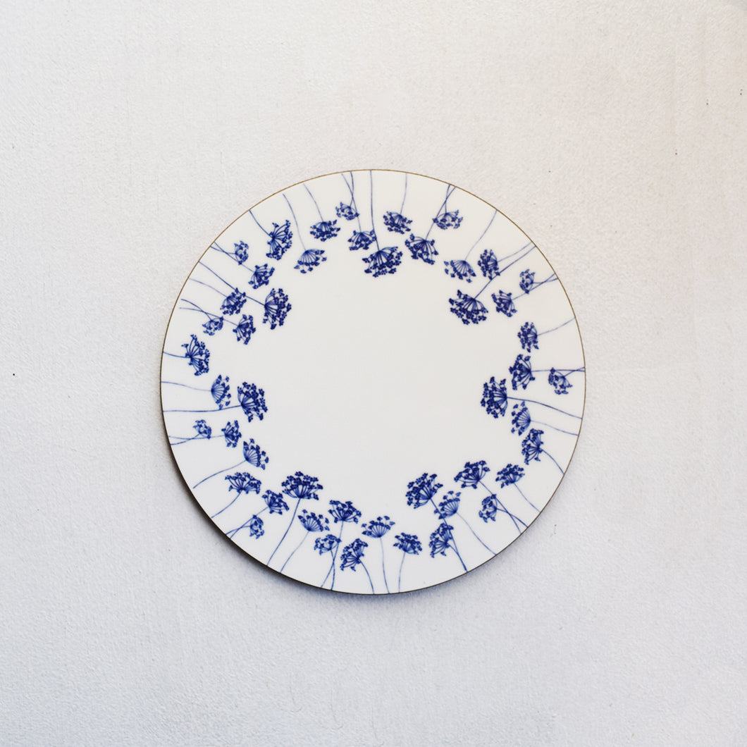 Navy blue & white cow parsley silhouette wooden coaster by Kate Tompsett