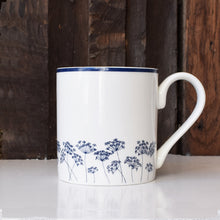 Navy blue & white cow parsley silhouette fine china mug by Kate Tompsett