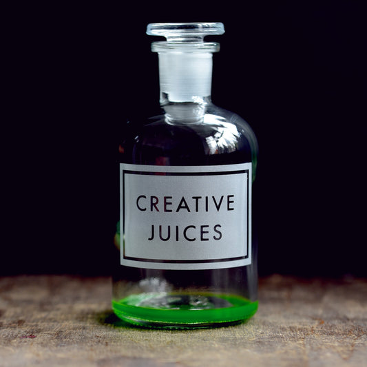 'Creative Juices' etched glass apothecary bottle