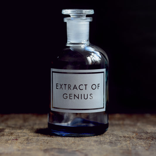 'Extract of Genius' etched glass apothecary bottle