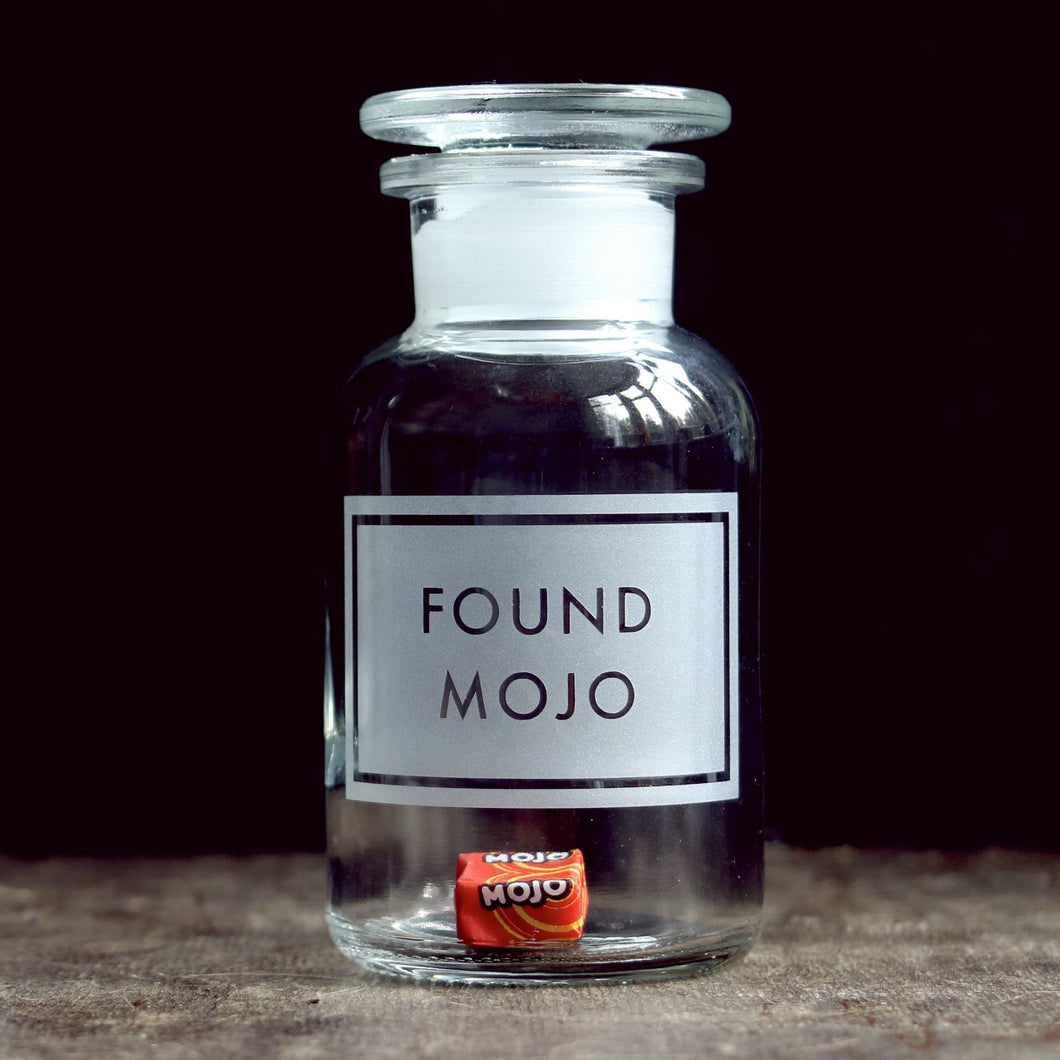 'Found Mojo' etched glass apothecary jar