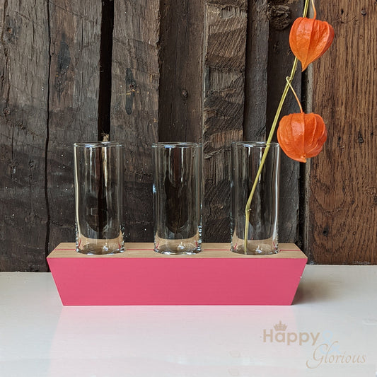 Happy pink 'in-a-row' wood and glass triple stem vase
