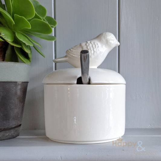 Ceramic bird lidded sugar bowl by Katie Brinsley