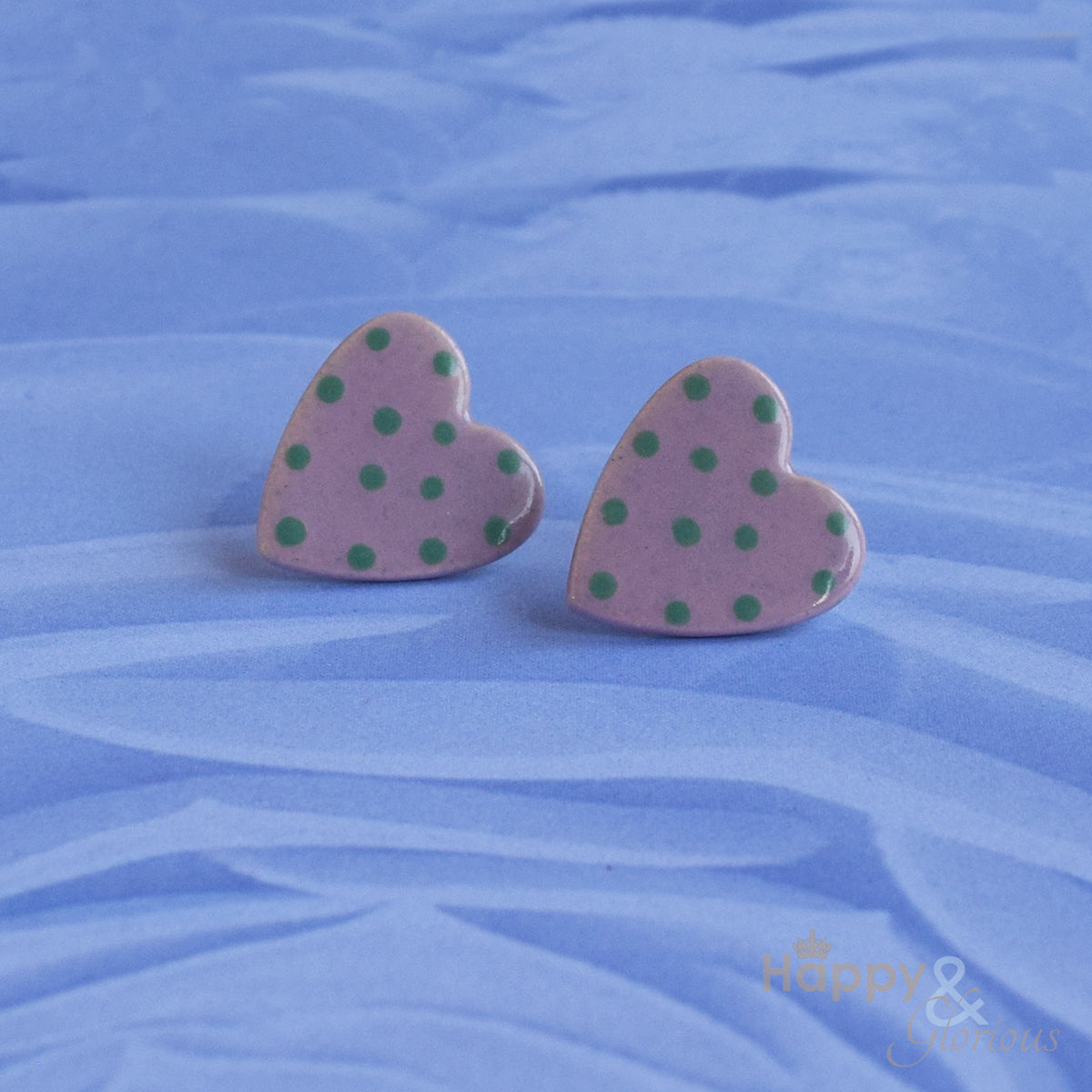 Lilac & green spotty ceramic heart stud earrings by Stockwell Ceramics