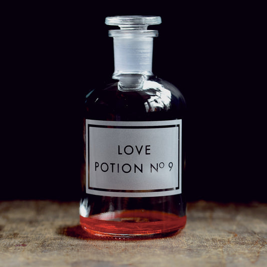 'Love Potion No. 9' etched glass apothecary bottle