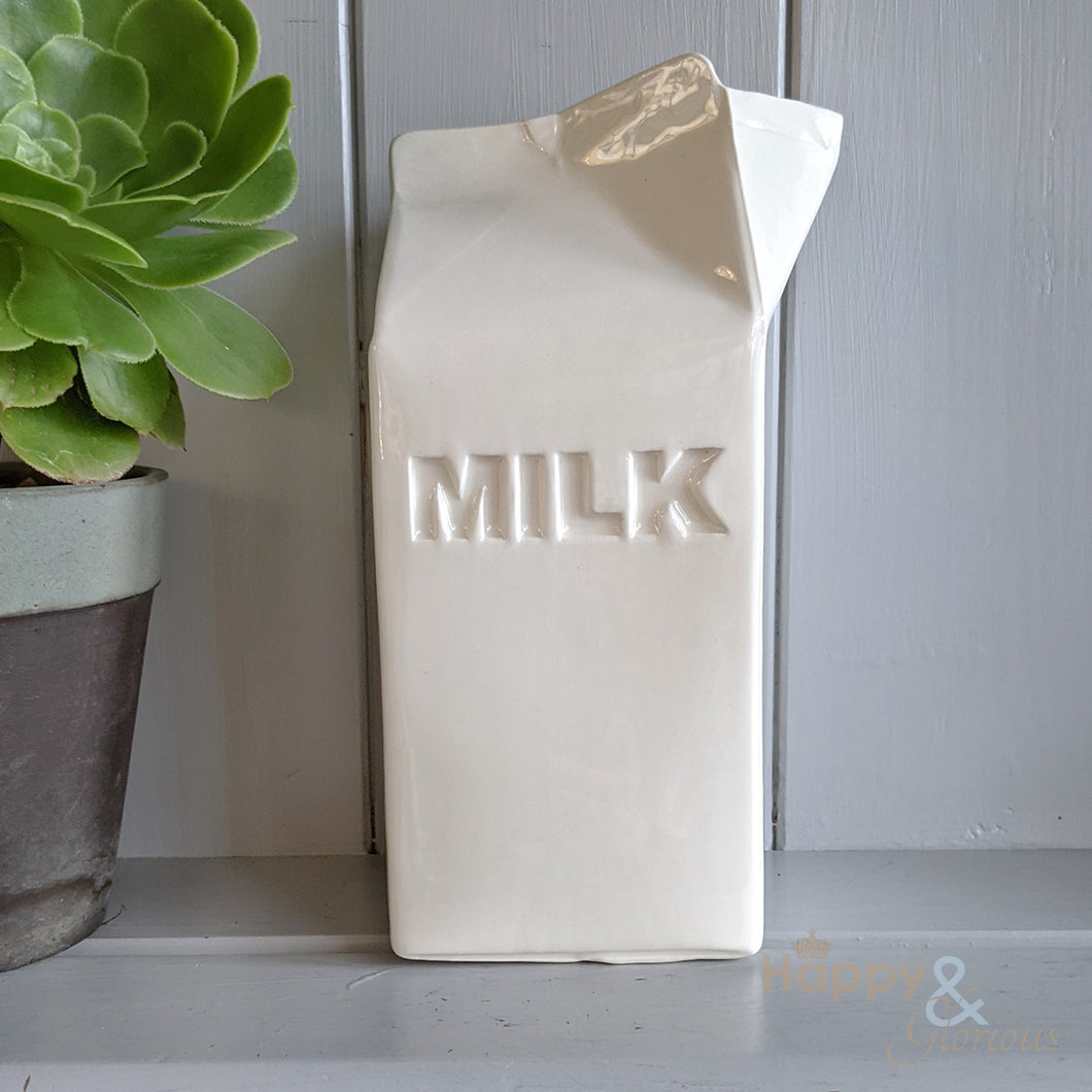 Ceramic milk carton jug Happy & Glorious