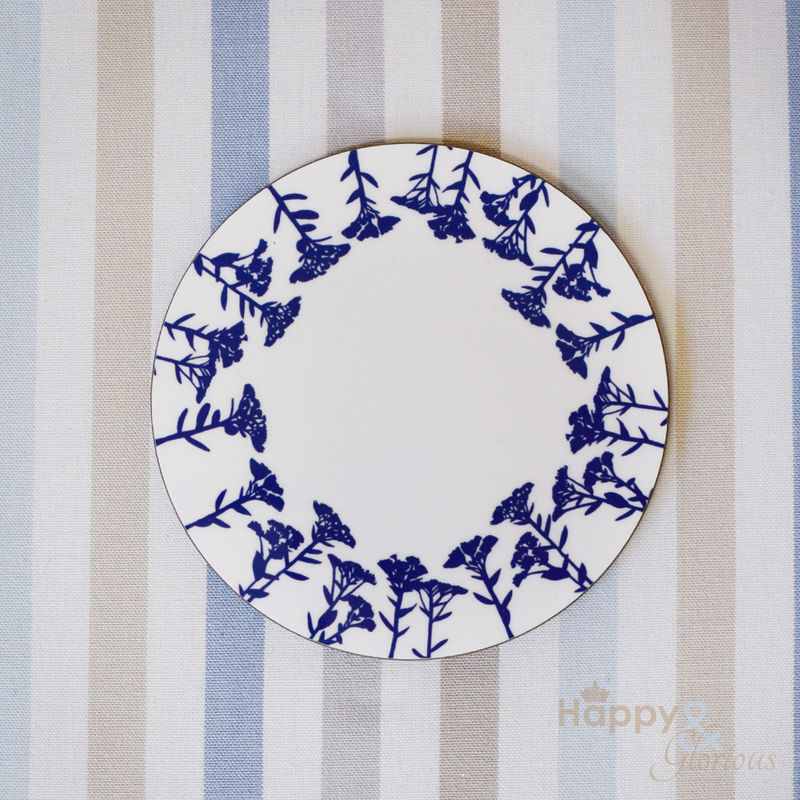 Navy blue & white sedum flower silhouette wooden coaster by Kate Tompsett