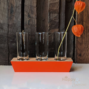 Pumpkin orange 'in-a-row' wood and glass triple stem vase