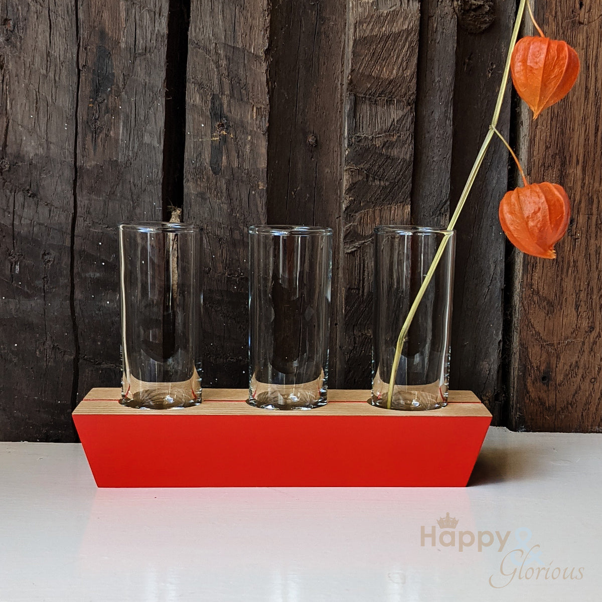 Flame red 'in-a-row' wood and glass triple stem vase