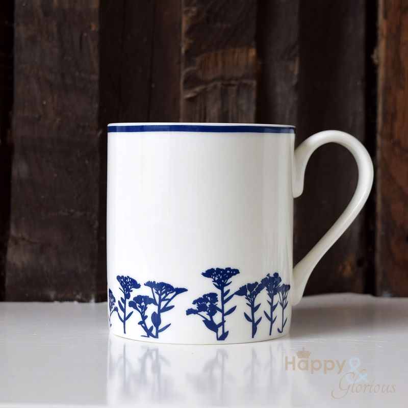 Navy blue & white sedum flower silhouette fine china mug by Kate Tompsett