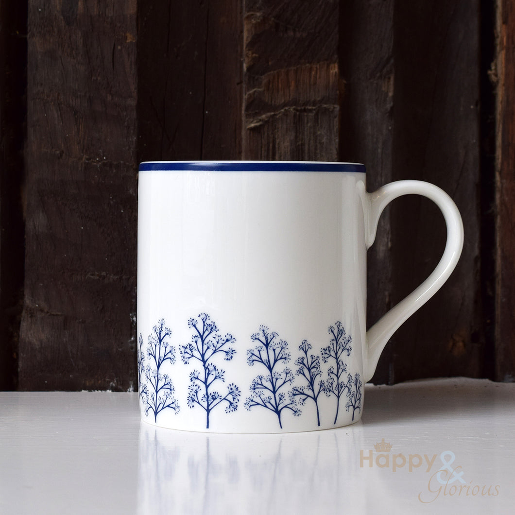 Navy blue & white skimmia silhouette fine china mug by Kate Tompsett