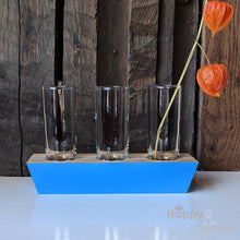 Sky blue 'in-a-row' wood and glass triple stem vase