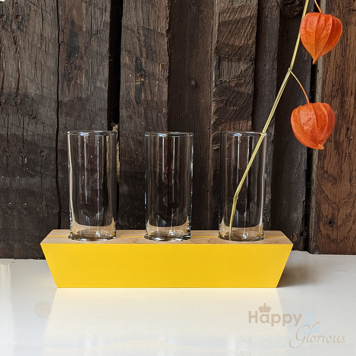 Sunshine yellow 'in-a-row' wood and glass triple stem vase