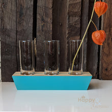 Teal 'in-a-row' wood and glass triple stem vase